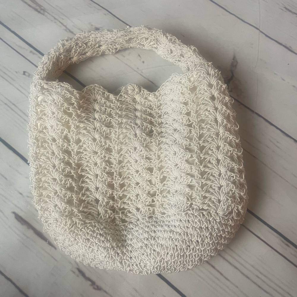 Vintage Hand Crafted Crochet Mini Bucket Bag Purse White Cottagecore Boho